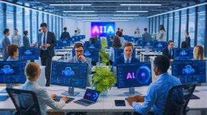 Illustration of Yahoo Japan's integration of AI tools in the workplace, generated by artificial intelligence.