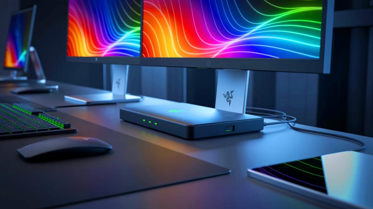 Illustration of the Razer Thunderbolt 5 Docking Station with multiple ports and SSD storage, generated by artificial intelligence.
