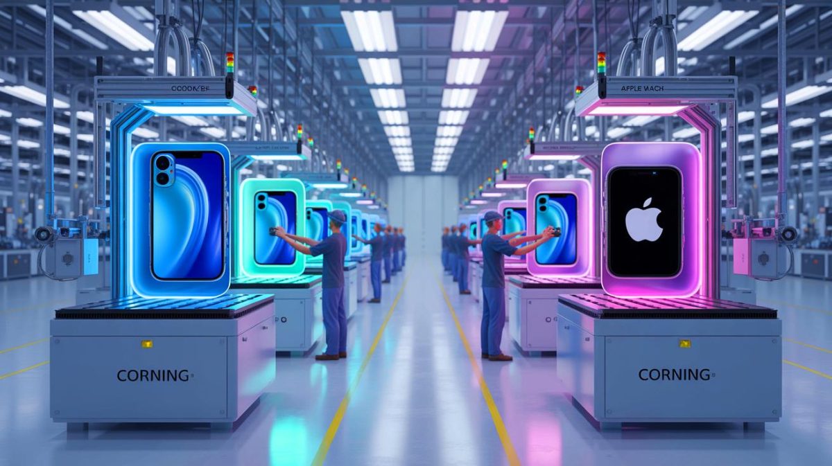 Apple’s Next Move: “This Isn’t American Innovation,” Critics Slam US-Made Glass While iPhones Stay Foreign-Built Illustration of Apple's partnership with Corning for US-made glass production.