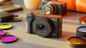Illustration of the Ricoh GR IV compact camera showcasing its slim design and enhanced grip features.