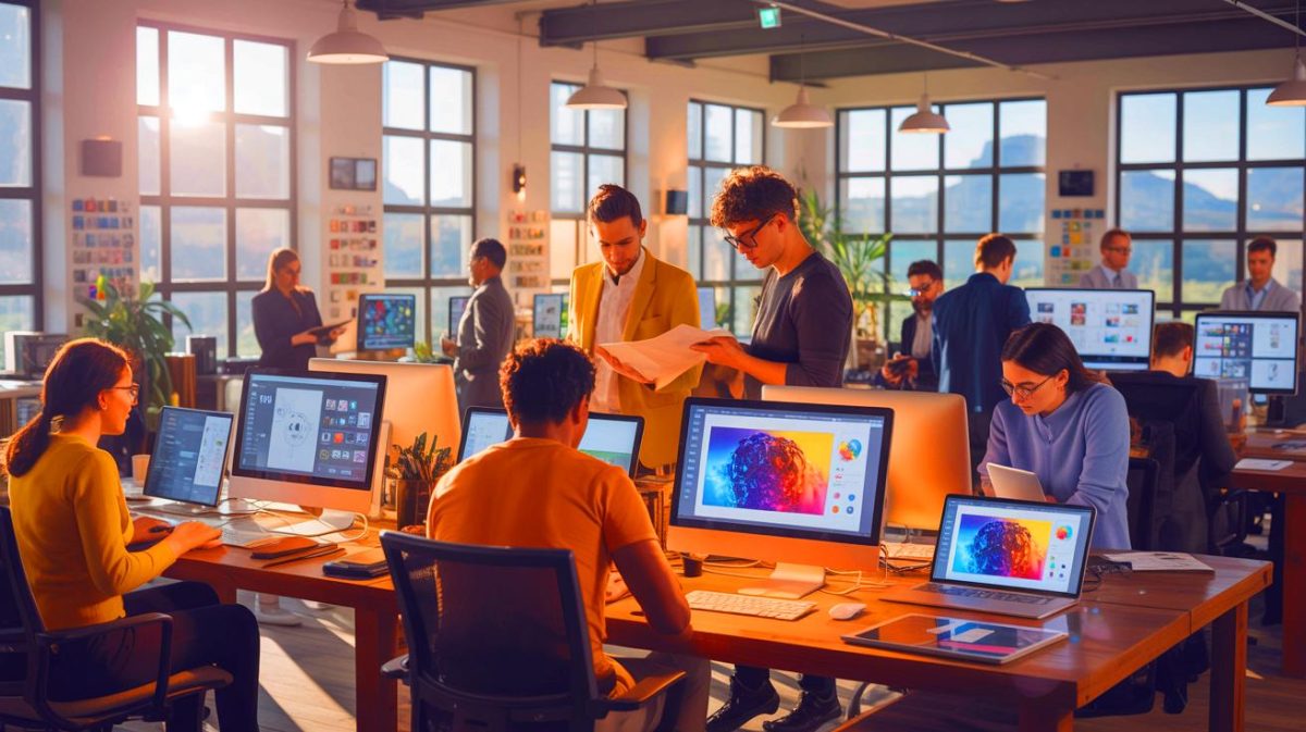 Illustration of creative freelancers collaborating in a hybrid workflow environment.