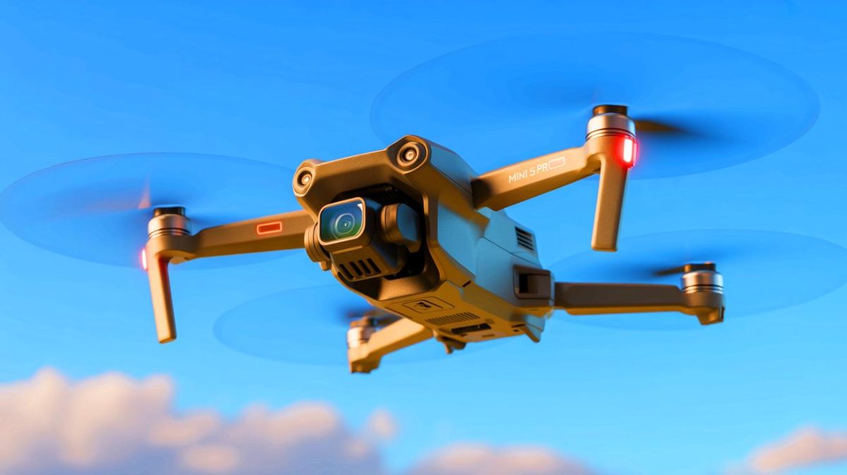 Illustration of the DJI Mini 5 Pro drone with a larger camera module and LiDAR sensors.