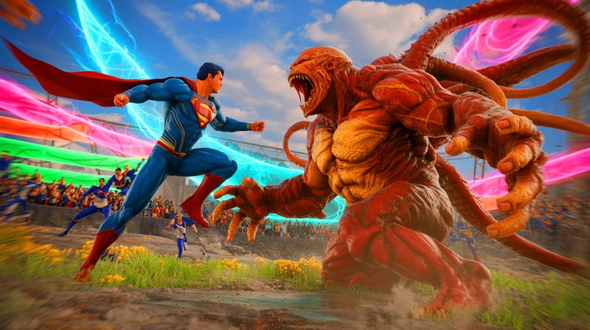Illustration of Superman leading players in a climactic battle against a colossal tentacled foe during the Fortnite Super Showdown event.