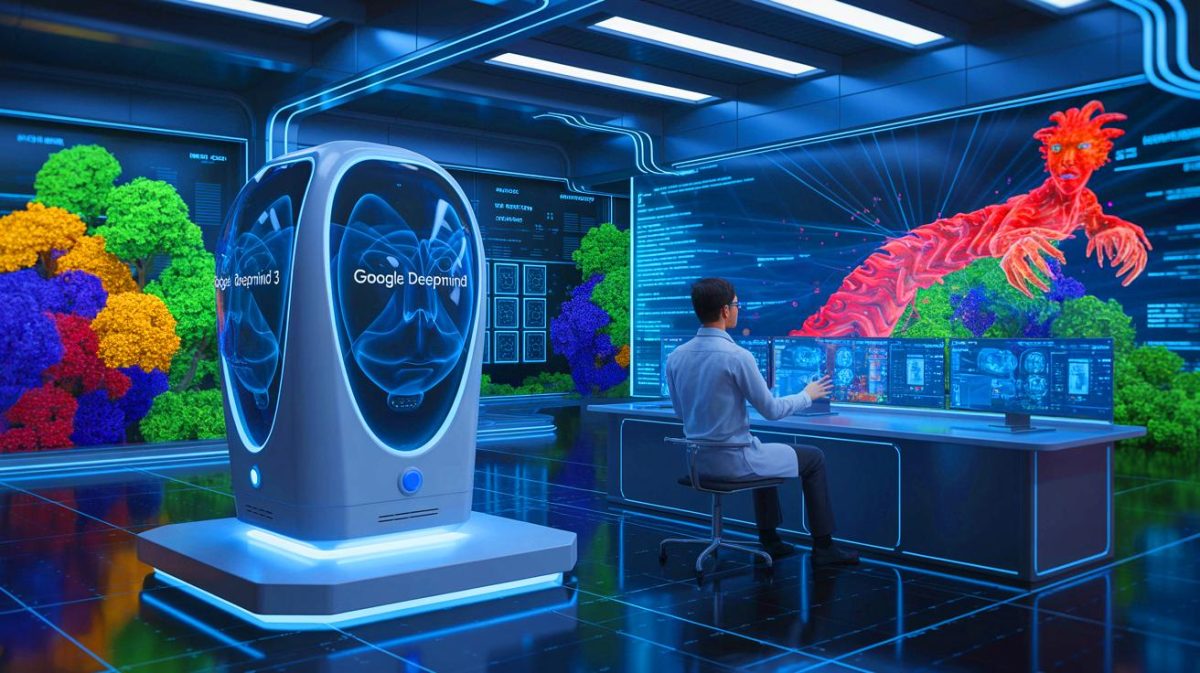 Illustration of Google DeepMind's Genie 3 creating and interacting with a real-time 3D environment.