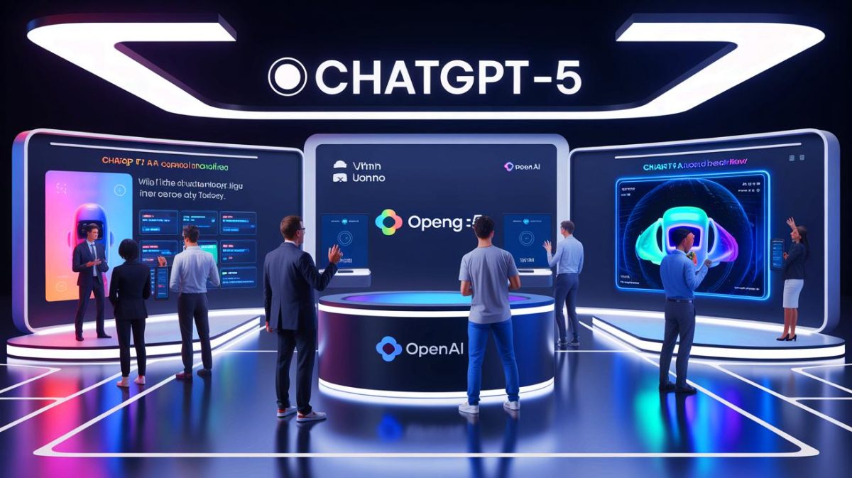 Illustration of the launch event showcasing ChatGPT-5 with improved features and accessibility for all users.