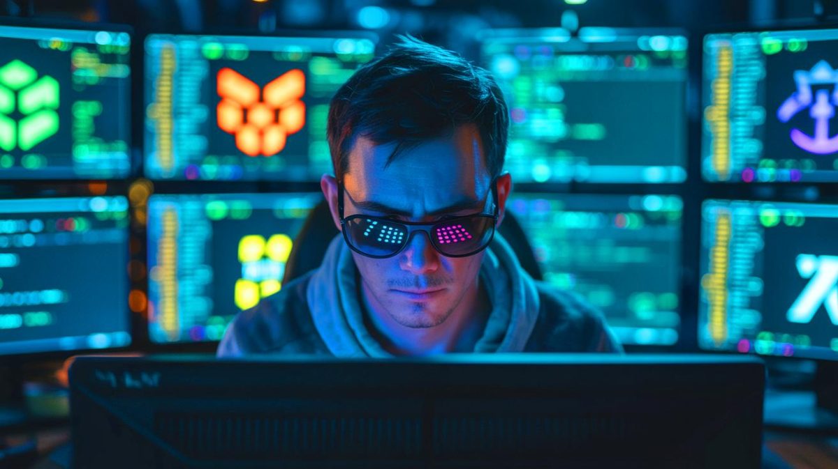 Illustration of a hacker infiltrating a computer system through game modifications.