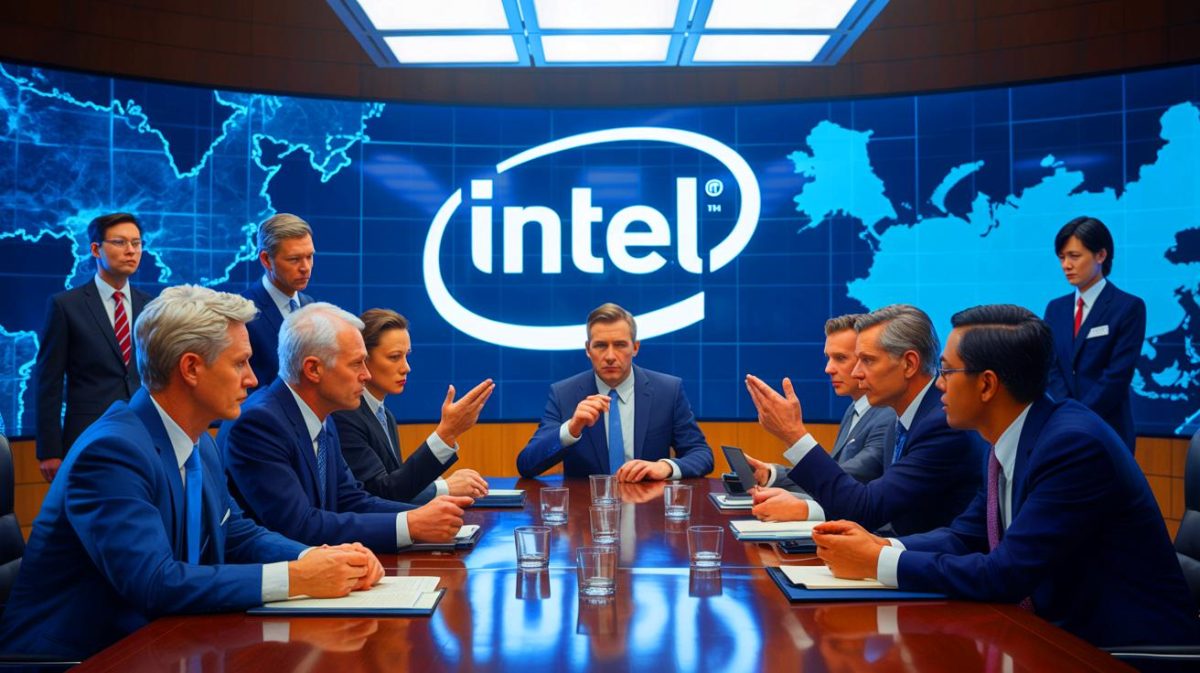 Illustration of President Donald Trump calling for the resignation of Intel CEO Lip-Bu Tan amid national security concerns.