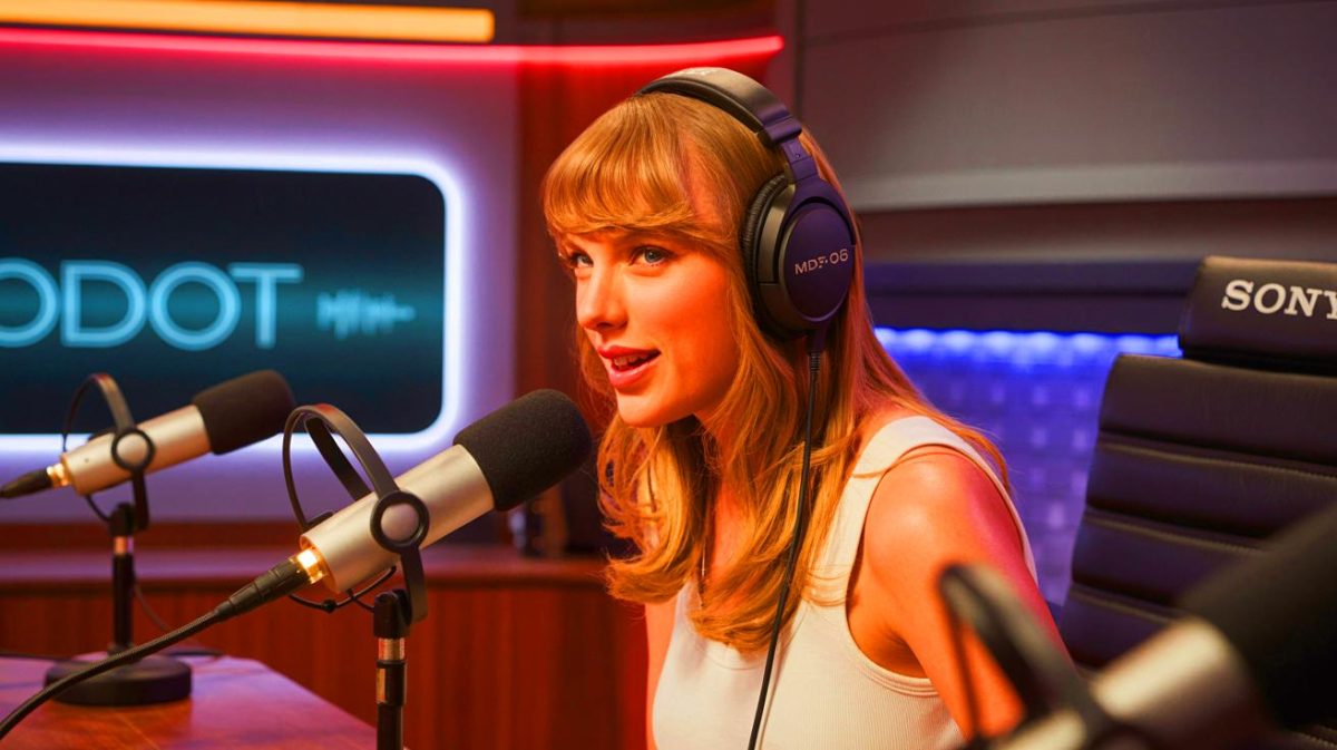 Illustration of Taylor Swift wearing Sony MDR-7506 headphones during a podcast announcement.