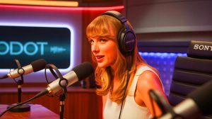 Illustration of Taylor Swift wearing Sony MDR-7506 headphones during a podcast announcement.