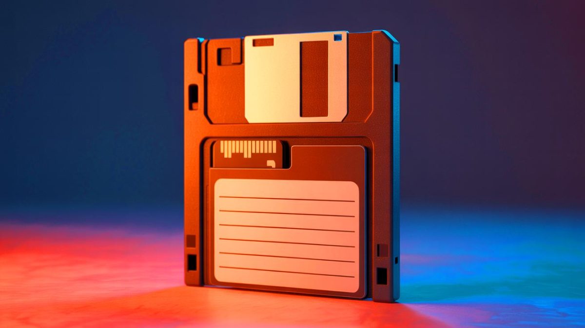 Illustration of a floppy disk reimagined as a modern SD card case.