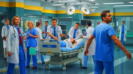 Illustration of the cast of "The Pitt" season 2 in a dramatic hospital setting.