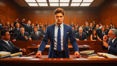 Illustration of a young lawyer navigating a complex legal case in a courtroom setting.