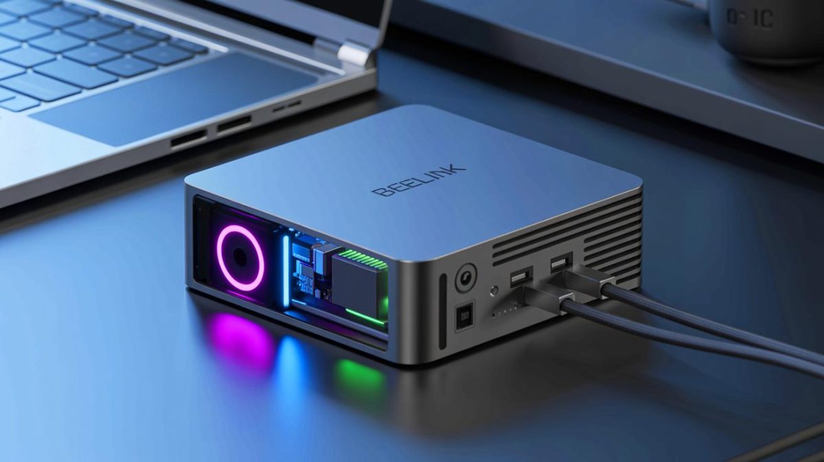 Illustration of a compact and powerful Beelink GTR9 Pro mini PC featuring advanced components and connectivity options.