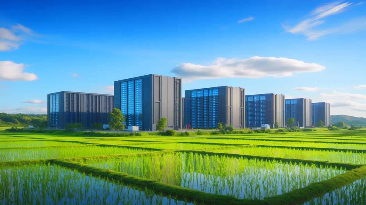 Illustration of China's AI development project transforming farmland into data centers in Wuhu.