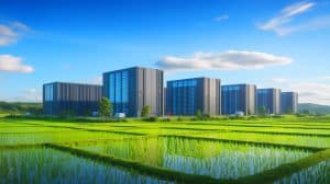 Illustration of China's AI development project transforming farmland into data centers in Wuhu.