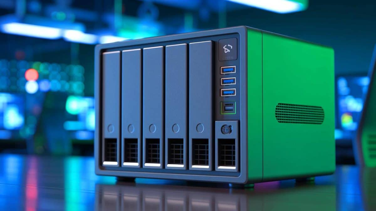 Illustration of Feiniu's NAS System with Integrated UPS Technology.