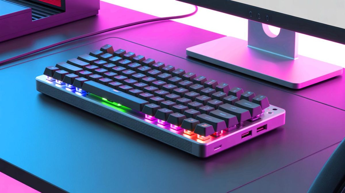 Illustration of a mechanical keyboard integrated with a mini PC.