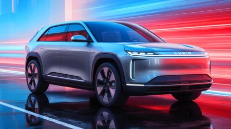 Illustration of Lucid Motors' Gravity SUV showcasing advanced navigation and security features through the UX 3.3 software update.