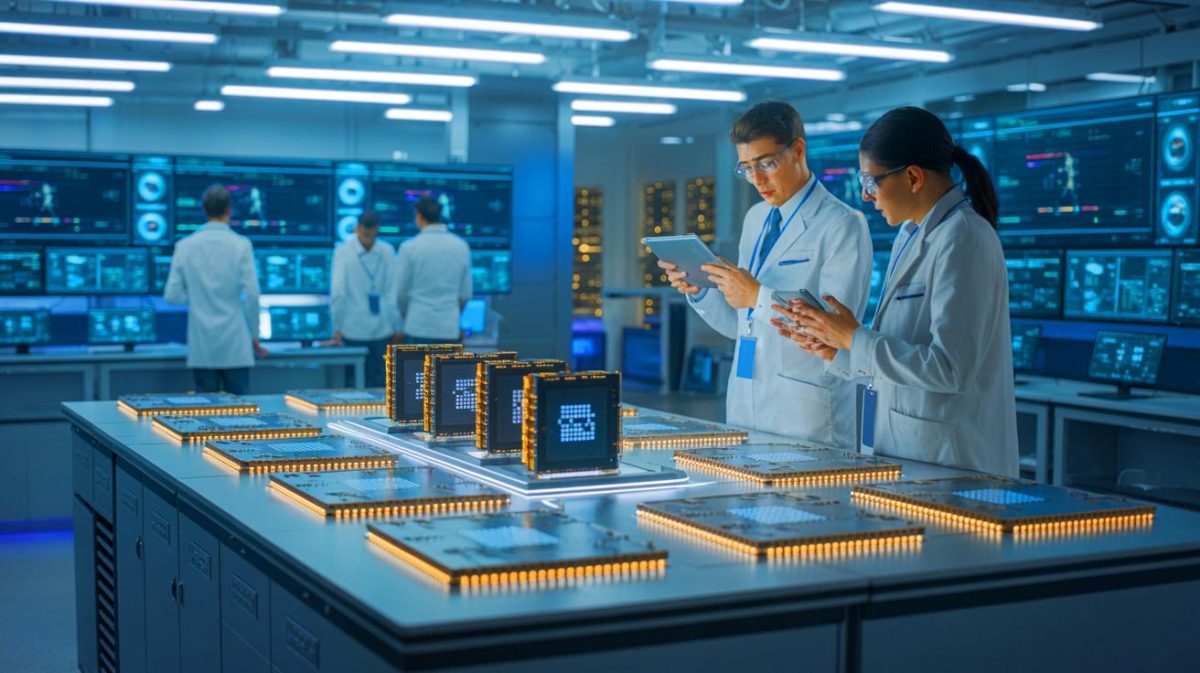 Illustration of the collaboration between Broadcom and tech giants for custom AI hardware solutions.