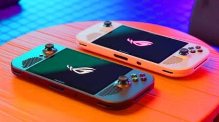 Illustration of the ROG Xbox Ally and ROG Xbox Ally X handheld consoles.