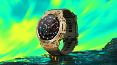Illustration of the Amazfit T-Rex 3 Pro rugged fitness watch showcasing its durable design and advanced features.