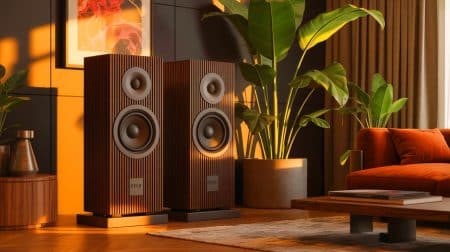 Illustration of Pent Audio's handcrafted luxury speakers showcasing innovative design and advanced technology.