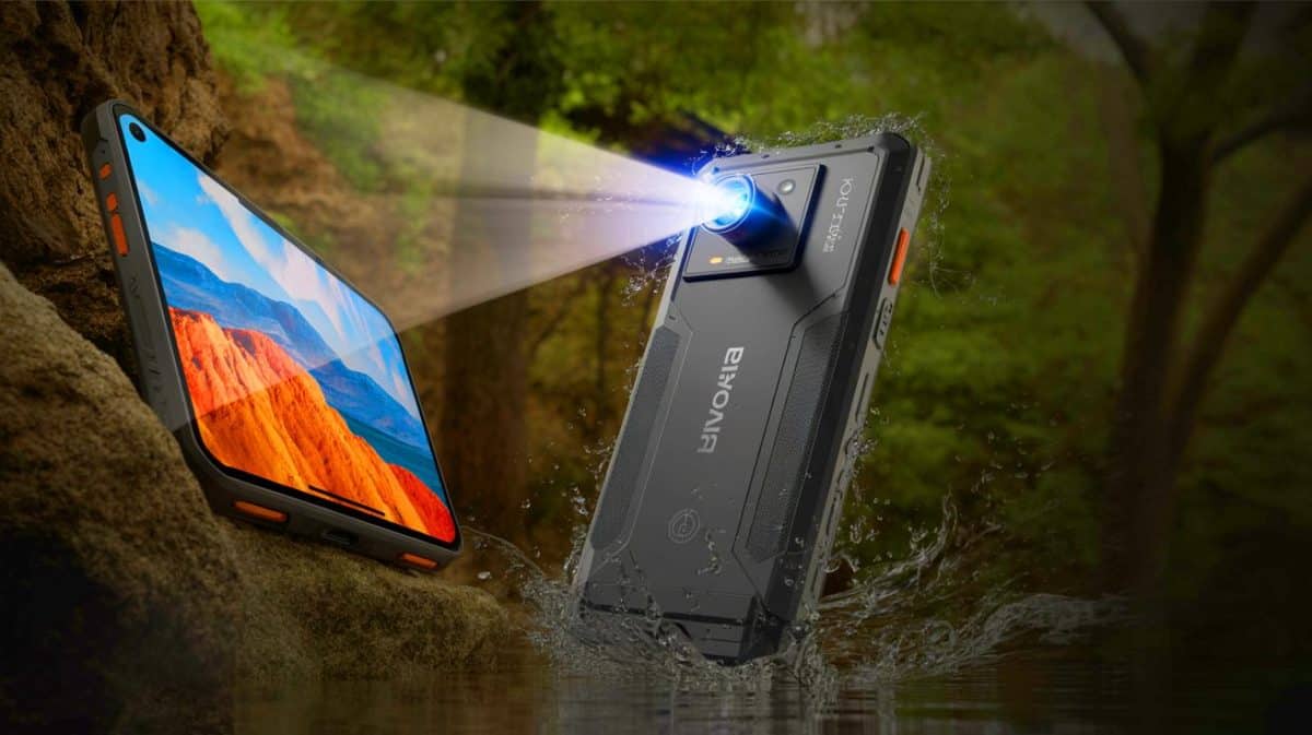 This New Gadget Reveals Ultimate Survival Secret That Terrifies Every Camper With Its Unstoppable Power And Light Illustration of the Blackview XPLORE 2 rugged smartphone with a built-in projector.