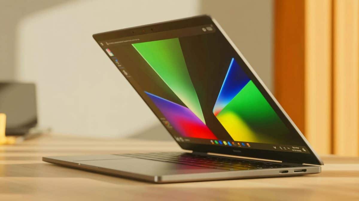 Illustration of the Geekom GeekBook X14 Pro laptop showcasing its ultrathin design and advanced features.
