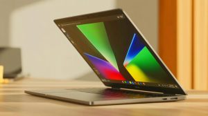 Illustration of the Geekom GeekBook X14 Pro laptop showcasing its ultrathin design and advanced features.
