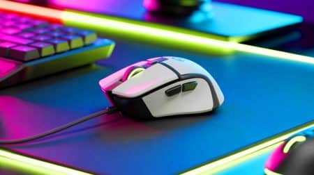 Illustration of the Logitech G Pro X2 Superstrike mouse with analog clicking technology and haptic feedback.
