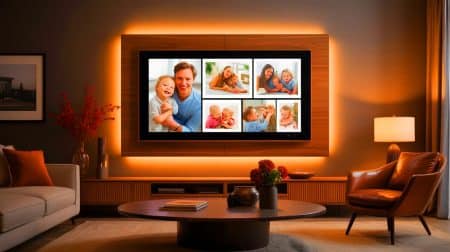 Illustration of Pexar Starlight digital photo frame with wall lighting feature.