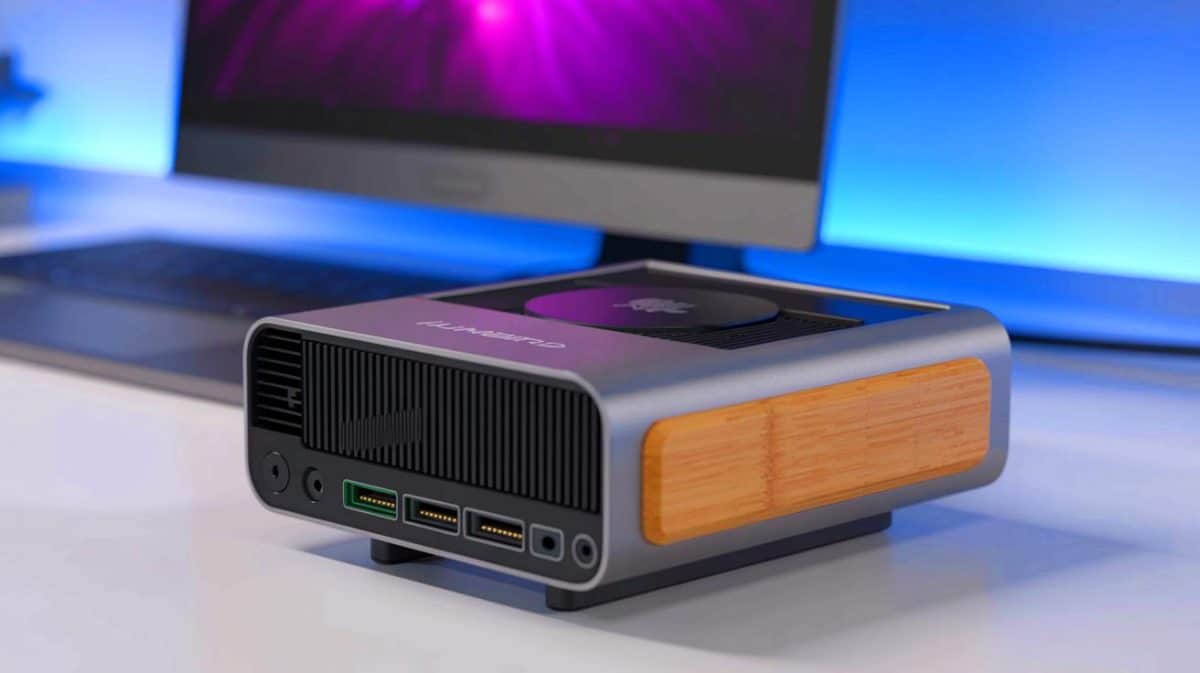 Illustration of the Humbird 3 eGPU dock with Thunderbolt 5 technology and modular design.