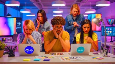 Illustration of designers expressing concerns over Affinity's shift towards a subscription model after Canva's acquisition.