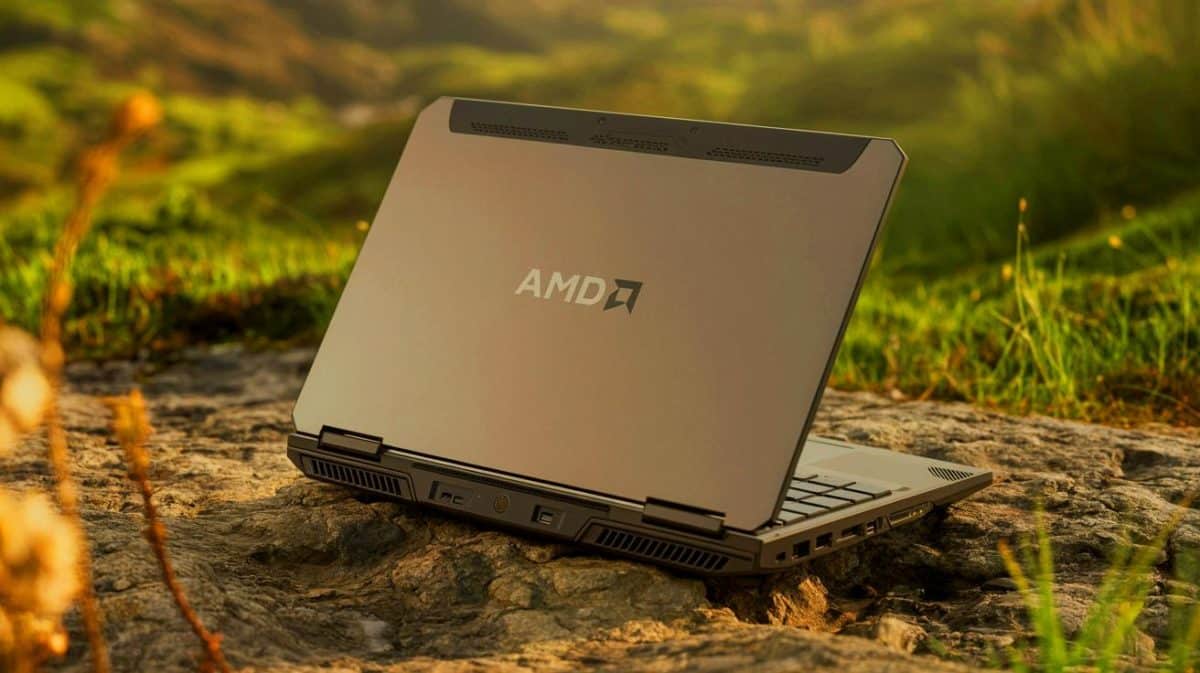 Illustration of a rugged laptop showcasing AMD-powered AI capabilities and sustainable design in challenging environments.