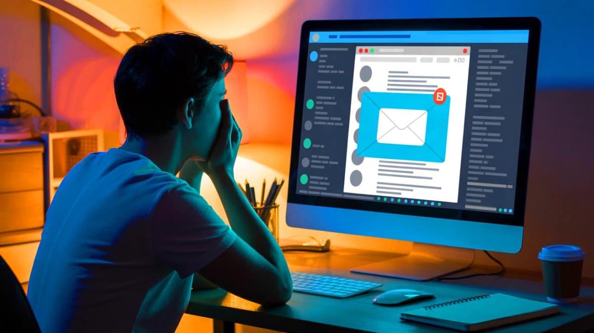 Illustration of a phishing email being opened on a computer screen.