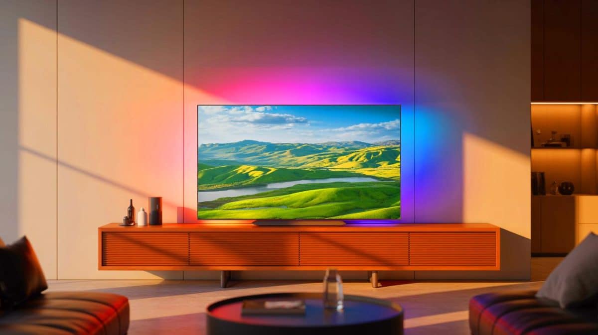 “Your Dream TV”: Discover the Secret Why Prices Won’t Drop Despite Cheaper Production Costs Next Year Illustration of a TV on a wooden cabinet in a grey living room with a picture of a valley displayed on the screen.