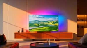 Illustration of a TV on a wooden cabinet in a grey living room with a picture of a valley displayed on the screen.