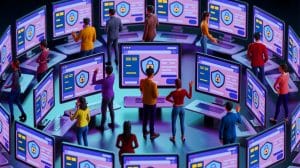 Illustration of consumers shopping online during Black Friday while being cautious of potential scams.