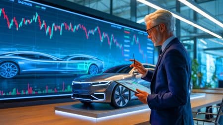 Illustration of RJ Scaringe receiving a performance-based stock award from Rivian.